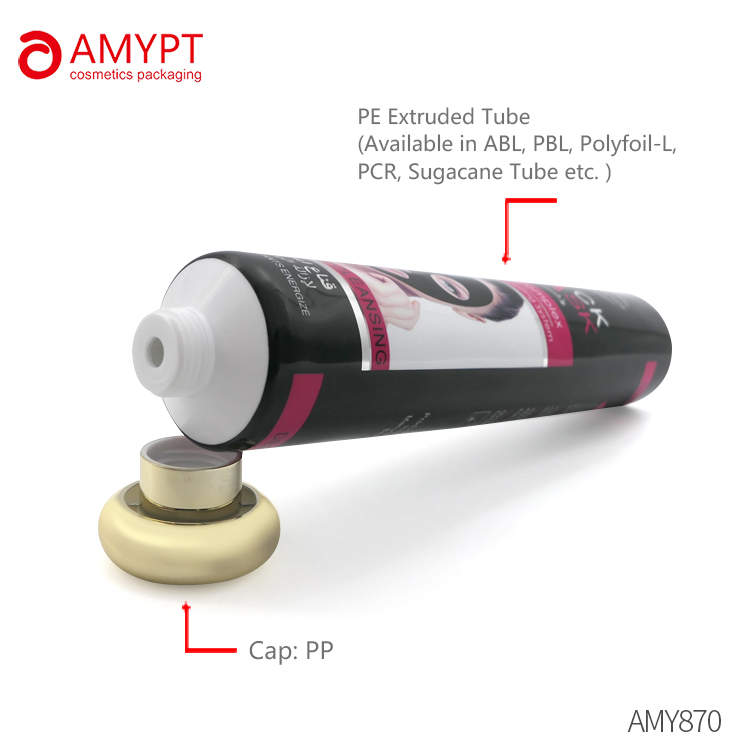 Tubo de aluminio plástico de cola abierta con tapón de rosca redondo dorado para mascarilla de loción
